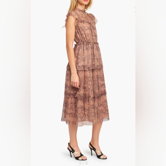 💘 Metallic Snakeskin Print Tiered Ruffle Midi Dress Anthro Rose Gold - Picture 3 of 9